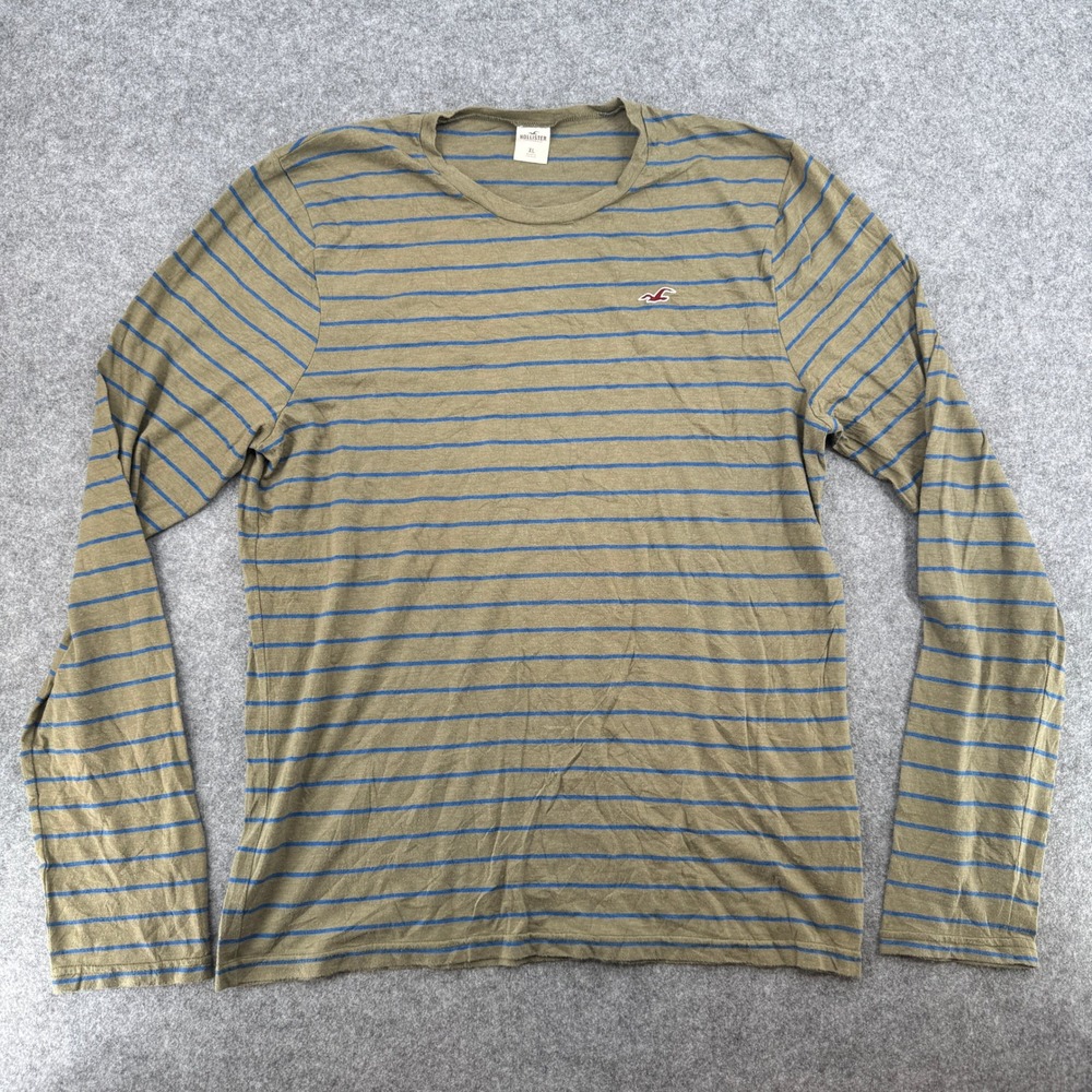 Y2K Hollister T-Shirt Mens XL Green Striped Long Sleeve Crew Neck EUC